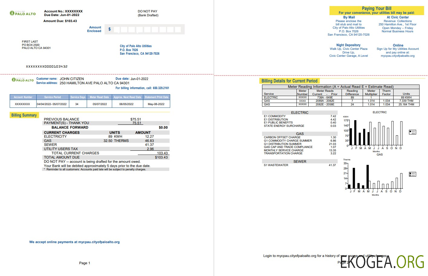 USA California Palo Alto utility bill, Word and PDF template, 2 pages